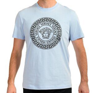 Versace Men's Blue & Black Medusa Logo Print Short Sleeve T-Shirt US XL IT 54
